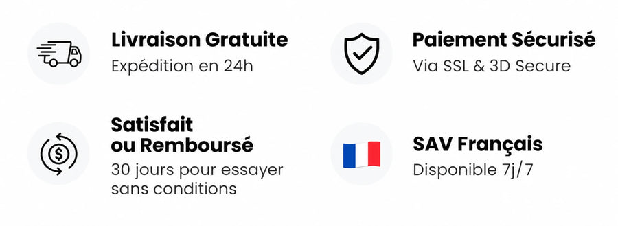 Livraison gratuite, paiement sécurisé, satisfait ou remboursé 30 jours, SAV français disponible 7j/7